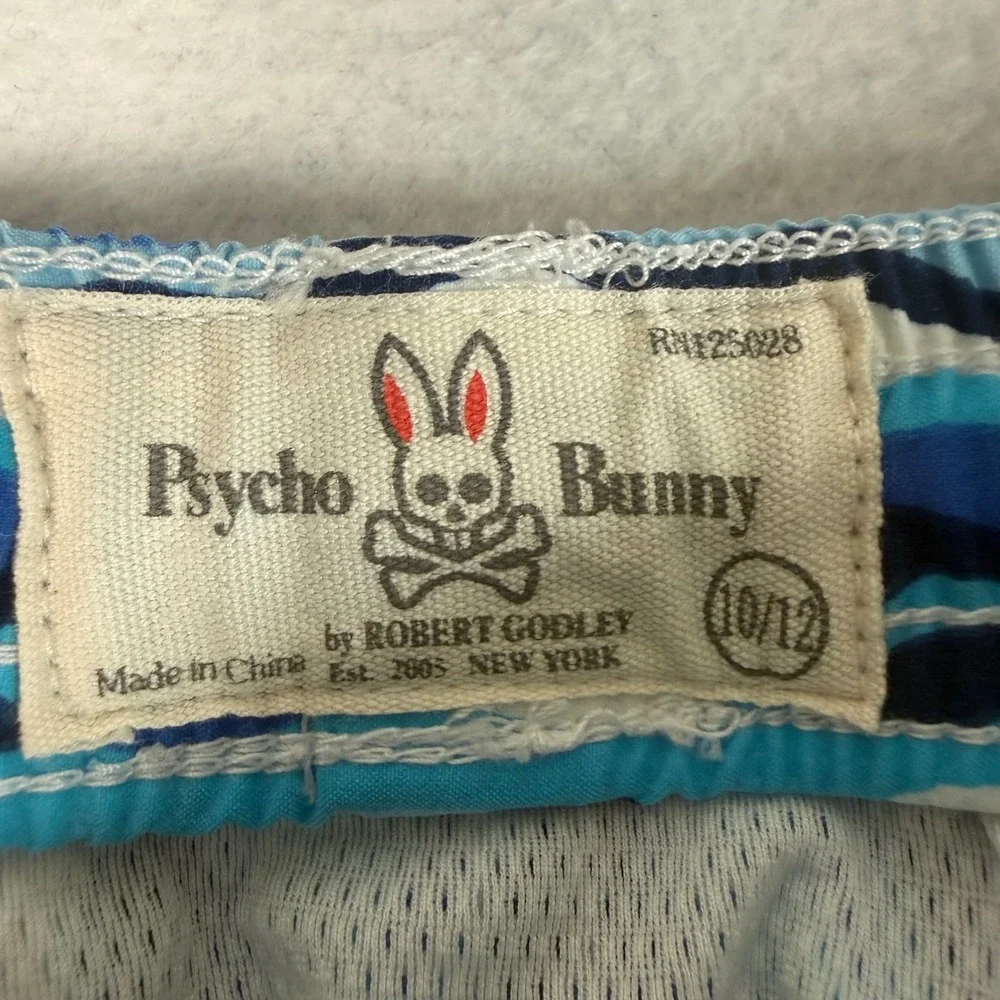 Psycho Bunny Swim Trunks Boys 10/12 Blue White Wavy Pattern Coastal Beach Shorts